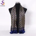 [BYSIFA] Navy Blue Gold Plaid Men Silk Scarves Fashion Accessories Autumn Winter Male Pure Silk Long