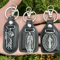 1PC Catholic Religious Business Key Ring Virgin Mary San Judas Tadeo St. Benedict Black Metal PU