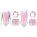 Girls Dance Ballet Leotard Rainbow Gradient Color Gymnastic Suit With Body Shorts Hair Band Long