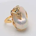 Leaf set diamond design Natural Freshwater Baroque Large irregularity Pearl Ring 15-25MM adjustable