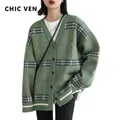CHIC VEN Autumn Winter 2024 Women's Sweaters Original Vintage Loose V-neck Plaid Knitted Cardigan