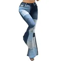 Fashion Women Jeans High Waist Pockets Button Fly Color Block Wide Leg Denim Pants Streetwear