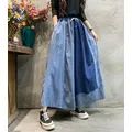 Women's Vintage Patchwork Cotton Linen Long Skirt Japanese Style Mori Girl Elastic Waist Lace