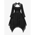 ROSEGAL Gothic Lace Panel Cutout Buckle Dress Black Elegant Layered Chiffon Handkerchief Dresses