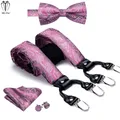 Luxury 100% Silk Mens Suspenders Set 6 Clips Vintage Braces for Men Pink Purple Paisley Flower