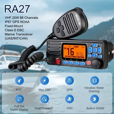 Retevis RA27 VHF Marine Radio Transceiver 25W IP67 Waterproof GPS NOAA Fixed-Mount Class D DSC Marine Transceiver (USA/INT/CAN)
