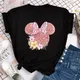 Disney Pink Print Minnie Mouse Head Women T Shirt Fashion Kawaii Mickey Minnie Tee Shirt Casual