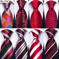 Hi-Tie Designer White Red Burgundy Striped Paisley Solid Silk Wedding Tie For Men Hanky Cufflink Set