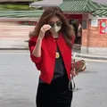 Red Baseball Uniform Coats Women Autumn Winter Round Neck Short Jacket Single Breasted Fashion