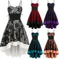 Gothic Spaghetti Strap Dress Women Vintage Bandage Lace Up High Low Tunic Dress Party Cosplay