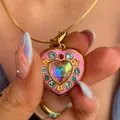 Colorful Zircon Crystal Heart Locket Pendants Necklace for Women Openable Photo Frame Family Love