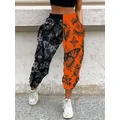 Women Casual Skull Print Patchwork Pants Spring Autumn Elastic Waist Pocket Loose Pencil Pants