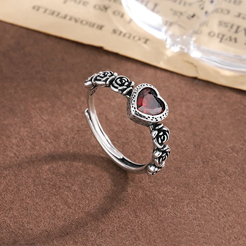 Romantische Liebe Herz Rot Kristall Rose Blume Retro Thai Silber Weibliche Finger Ring Für Frauen Hand Schmuck Zubehör Image