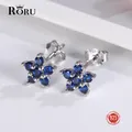 Real S925 Silver Blue Stone Stud Earrings Sapphire Star Flower Shape Small Jewelry Gift for Women