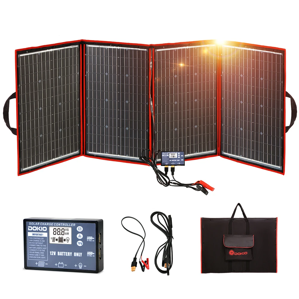 DOKIO Solar Panel Faltbar Solarpaneele 18V Solarpanel Flexible Solar Panels PV Modul Solarzelle 195W & 12V Solar Ladegerät Mit 5V USB Für Camping/Wohnmobil/Home/Power Bank/Battery Photovoltaik Anlage