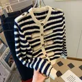 Chic Knit Striped Cardigan Sweater with Unique Design for Women Long Sleeve Top Y2k Autumn Winter