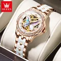 OLEVS Elegant Ladies Watches Ceramic Blue strap Original Wristwatch Skeleton Automatic Diamond