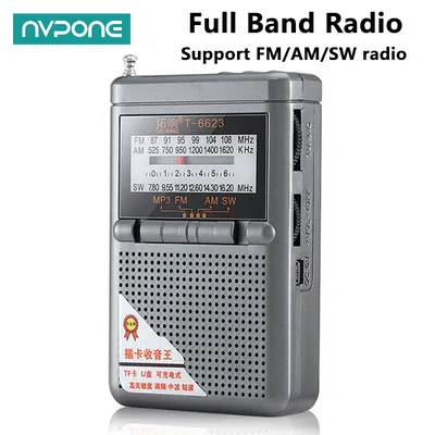 Full Band Radio FM AM SW World Band Mini Radio with LED Display Buckle Support TF Card Headphone