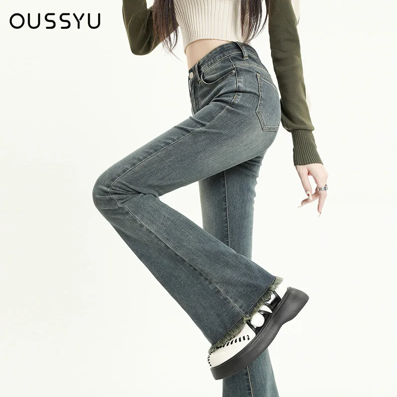 OUSSYU Sommer Ausgestellte Jeans Frauen Baumwolle Vintage Blau Denim Hosen Streetwear Elastische Hohe Taille Dünne Harajuku Hosen