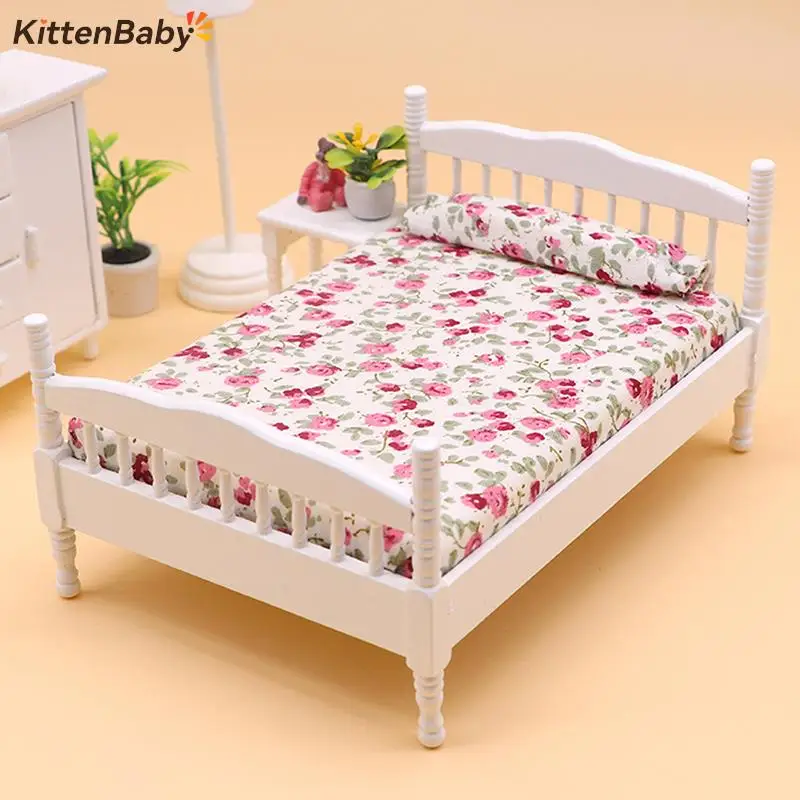 1/12 Puppenhaus Holz/Eisen Mini Einzel-/Doppelbett Home Schlafzimmer möbel Spielzeug Wohnzimmer Möbel Modell hand gefertigtes Spielzeug