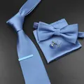 New Men's Tie Bowtie Set Luxury Business Worker Blue Black Solid Color Silk Polyester Jacquard Woven
