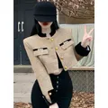 Autumn Luxury Women's Tweed Cropped Jackets Elegant Single-Breasted Short Coat Ladies Korean Fashion