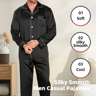 Männer Eis Seide Pyjamas Nachtwäsche Pyjama Sets Nachtwäsche Schwarz Blau L XXL 3XL 4XL Lange Ärmel Lange Hosen Glatte Einfarbig Image