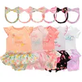 0-12M Baby Short Sleeve Romper for Girls Clothes Summer One- Piece Bodysuit 3 Pack Headwear Sets for