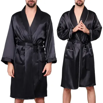Sommer Männer Robe Imitation Seide mit Taschen Taille Gürtel Bad Robe Hause Kleid Nachtwäsche Image
