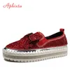 Aphixta Mode Große Größe 42 43 Wohnungen Frauen Leder Loafers Flache Plattform Wein Roten Schuhe Kristall Pailletten Bogen Casual Schuhe