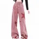 Embroidery Star Jeans for Women Autumn New In Corset High Waist Jeans Pants for Women Straight Pink