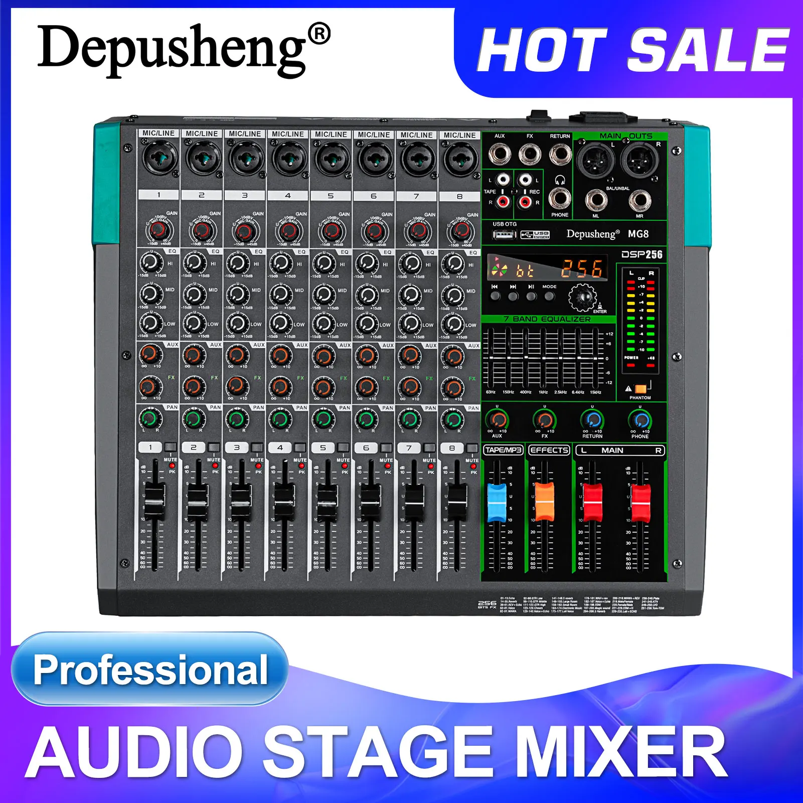 Profession eller audio mixer depusheng mg8 8 kanal sound board konsole dj mixing desk system schnitts telle eingebauter 256 reverb effekt Image
