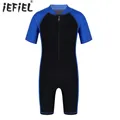 Kids Boys Girls One-piece Suits Rash Guards for Surfing Short Sleeves Zippered Shorty Wetsuits