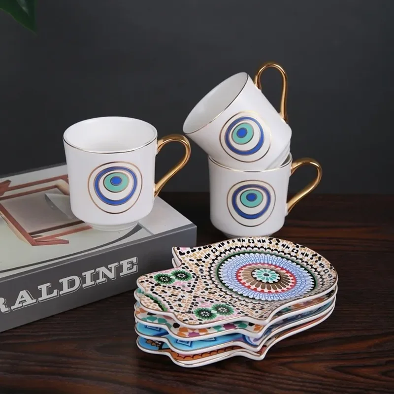 Retro hängendes Ohr kreative Keramik Tasse türkische Kaffeetasse und Untertasse Set Teufels auge Hamsa Hands chale Dim Sum Tasse Boutique Geschenk Image