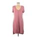 Connected Apparel Casual Dress - Shift V Neck Short sleeves: Burgundy Solid Dresses - Women's Size Medium Petite