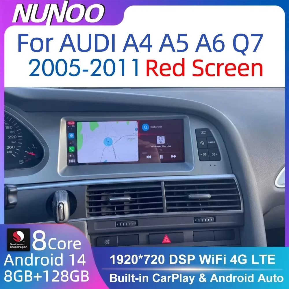 Nunoo Android 14 CarPlay Autoradio für Audi A4 A5 A6 Q7 MMI 2G Basic mit rotem Bildschirm, GPS-Navigation, Multimedia-Stereo und WLAN