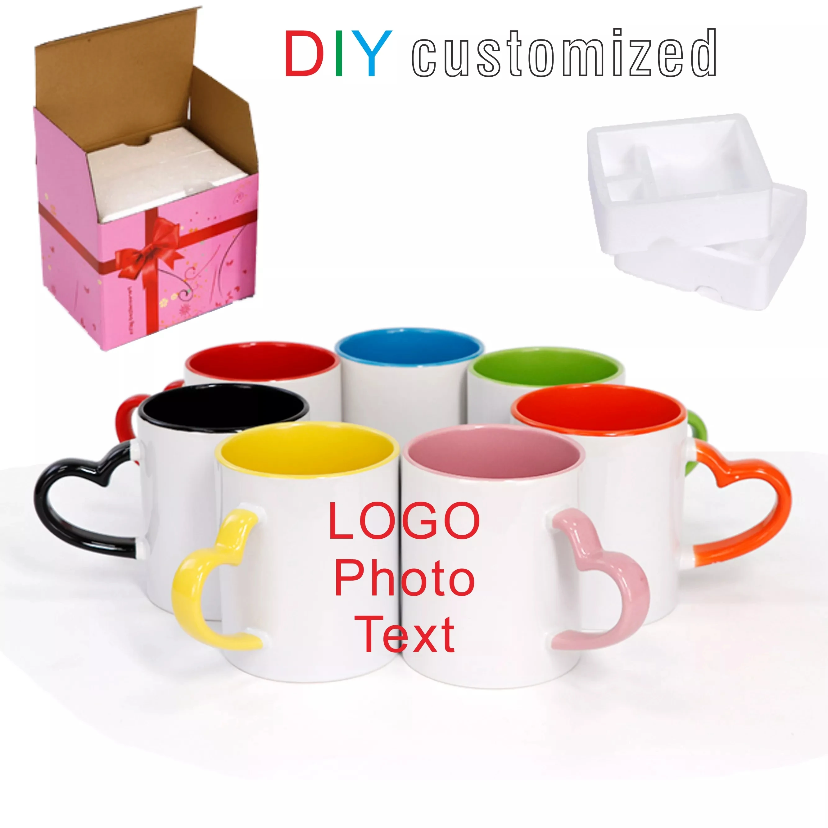 Keramiktasse, DIY-Foto, herzförmiger Griff und Innenfarben, Milch-Kaffeetasse, individuelle Bilder, Logo, Name, Text, kreative Schnittgeschenke Image