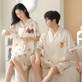 2023 Summer Couple Short Sleeve Silk Satin Pajama Sets for Men Korean Cute Cartoon Sleepwear Women