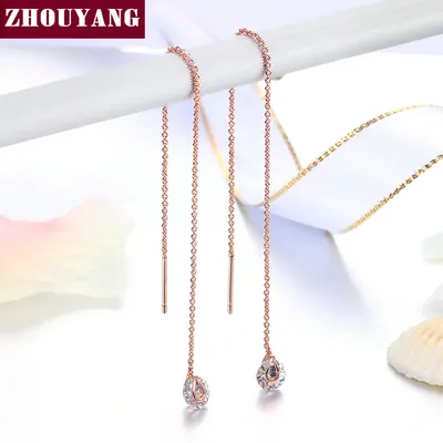 ZHOUYANG Kette Ohrring Für Frauen 6mm Zirkonia 11CM Länge Ohr Linie Rose Gold Farbe Mode Schmuck