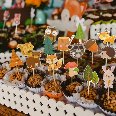 Forest Animals Theme Cupcake topper Zoo Animal Fox Squirrel Deer Cupcake Decor Kids 1st Birthday