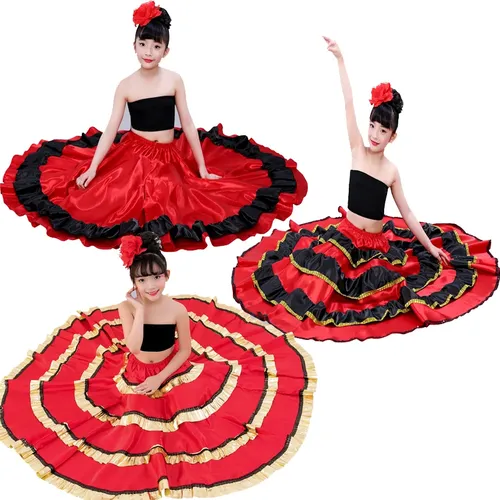 Gypsy Stil Prinzessin Mädchen Bauchtanz Kostüme Spanisch Traditionellen Flamenco Rock Satin Glatte