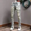 Streetwear Fashion Männer Jeans Retro Gelb Blau Elastische Slim Fit Zerrissene Jeans Männer Stickerei Designer Hip Hop Denim Hosen Hombre