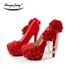 Neue Ankunft Rot farbe Flock Frauen hochzeit schuhe Braut 8cm/11cm/14cm high heels plattform schuhe Braut Große Blume schuh Rote sohle