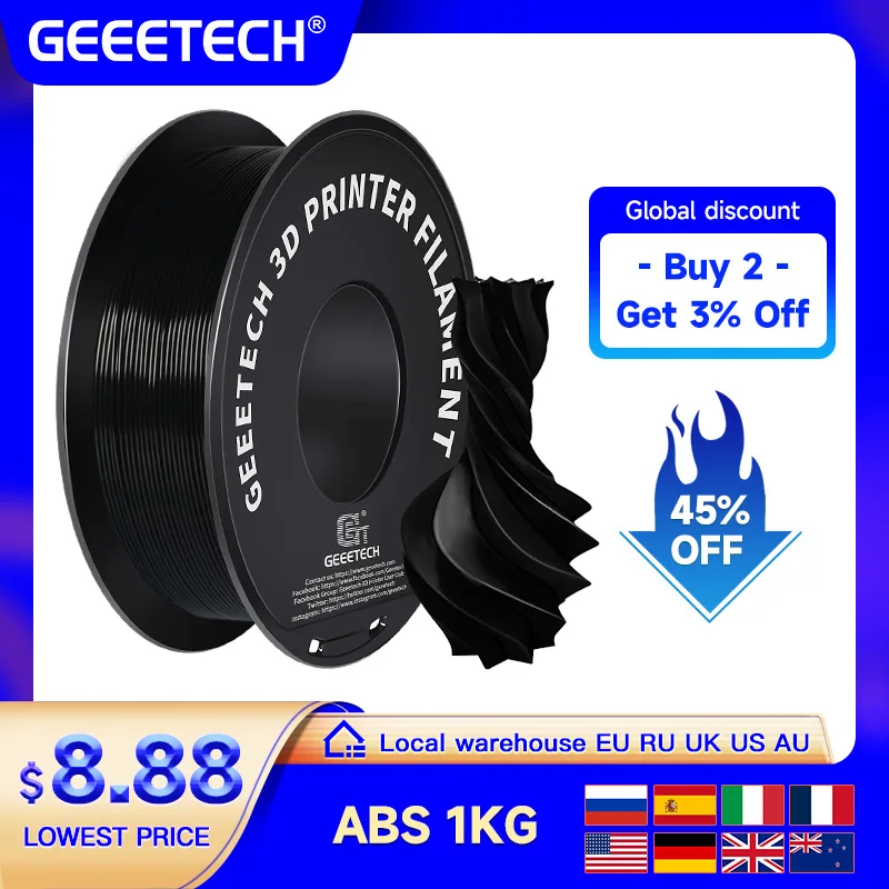 Geeetech ABS+3D-Filament 1,75 mm 1 kg Kunststoff, 3D-Druckermaterial, verhedderungsfrei, ungiftig, Vakuumverpackung Weiß Schwarz Rotk Blau Image