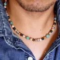 Herren Halskette Blau Grün Magnesit Blutstein Bild Jasper Stein Perle Halskette Halsband mens