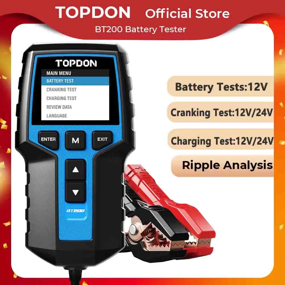 TOPDON BT200 Tragbarer Batterietester, Lade- und Anlassenprüfwerkzeuge für Auto, 12 V, Kfz-Diagnosebatterie-Monitor, 100–2000 CCA Image