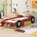 Twin/Full Size Race Car-Shaped Platform Bed with Wheels, Wood Platform Bed Frame w/ Storage Footboard, Floor Bed for Kids Teens