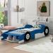 Twin/Full Size Race Car-Shaped Platform Bed with Wheels, Wood Platform Bed Frame w/ Storage Footboard, Floor Bed for Kids Teens