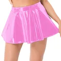 Womens Invisible Zipper A-Line Short Mini Skirts Glossy Patent Leather Flared Miniskirt Club Bar