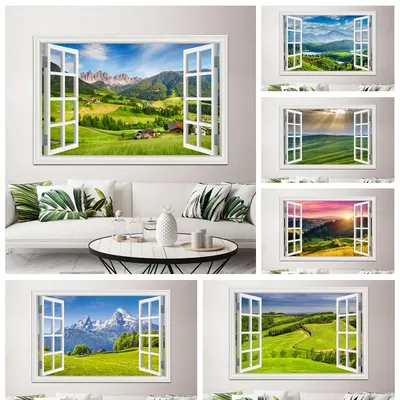 Natur Landschaft 3D gefälschte Fenster Aufkleber grün Grasland Berg Vinyl Aufkleber Zimmer Dekor selbstklebende Tapete abziehen und aufkleben Image
